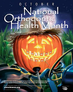 October National Orthodontic Health Month poster featuring jack-o'-lantern pumpkin with orthodontic braces.