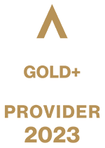 Gold Plus Provider 2023 certification badge with triangular mountain peak logo symbol.