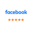 Facebook logo with five gold stars indicating high customer rating and review satisfaction.