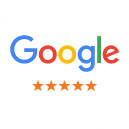 Google logo with five orange stars rating below, representing customer reviews for Hildebrand Orthodontics.