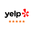 Yelp logo with five orange stars indicating excellent customer rating for Hildebrand Orthodontics