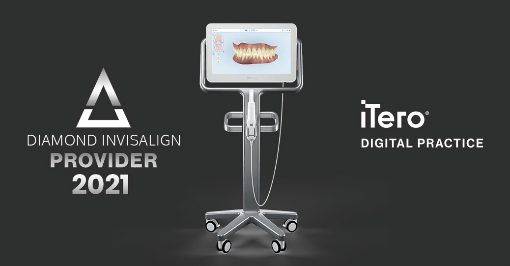 Dental scanner on stand with Diamond Provider 2021 and iTero Digital Practice logos displayed.