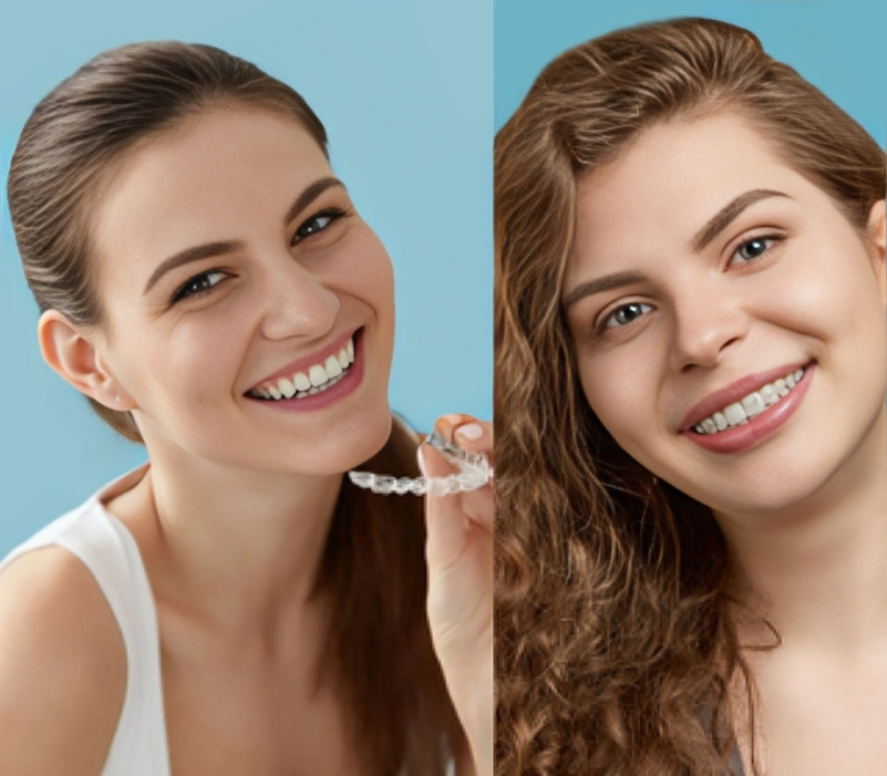 Two smiling women with healthy teeth against blue background, promoting orthodontic care.