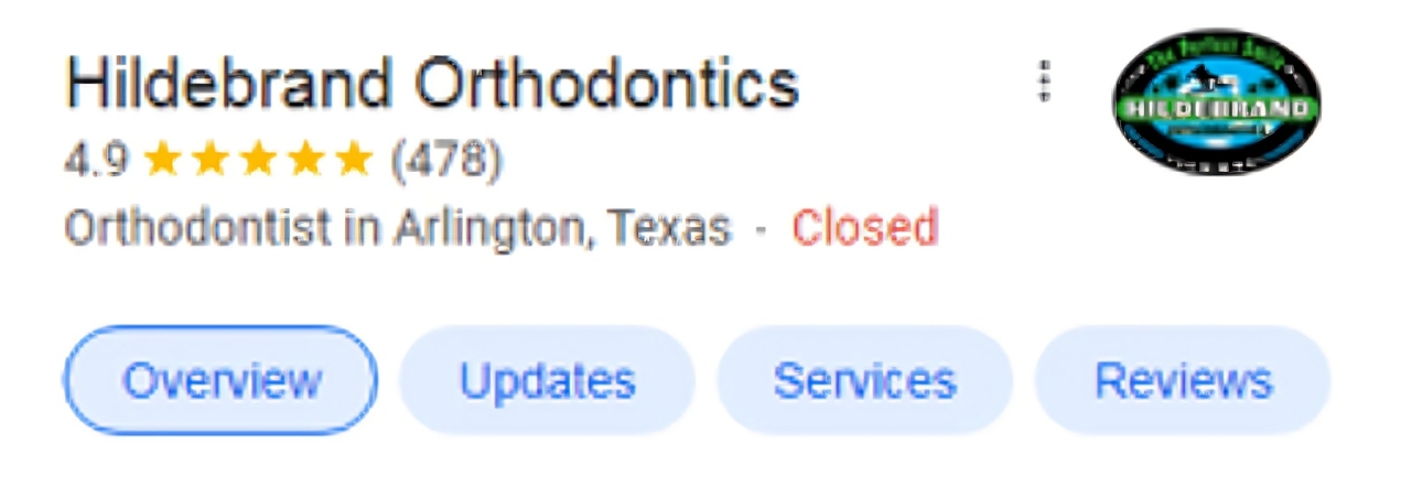 Hildebrand Orthodontics Google Business profile showing 4.9 stars, 478 reviews, Arlington Texas location closed.