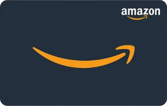 Amazon gift card with orange smile logo and arrow on dark blue background.