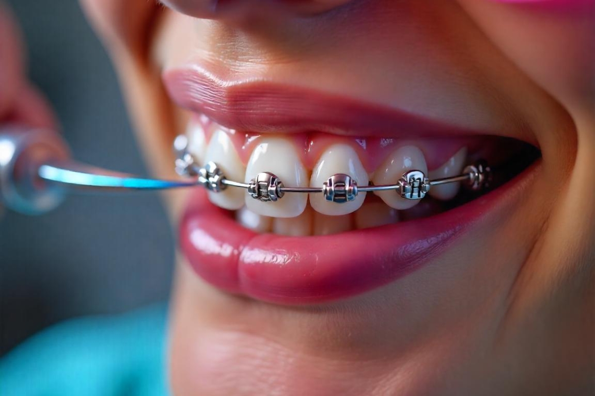 Close-up of braces on teeth, showcasing their design and alignment process.