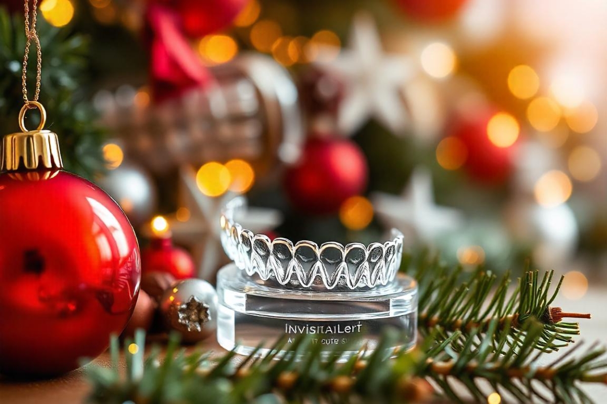 Invisalign aligners with Christmas decorations in the background,