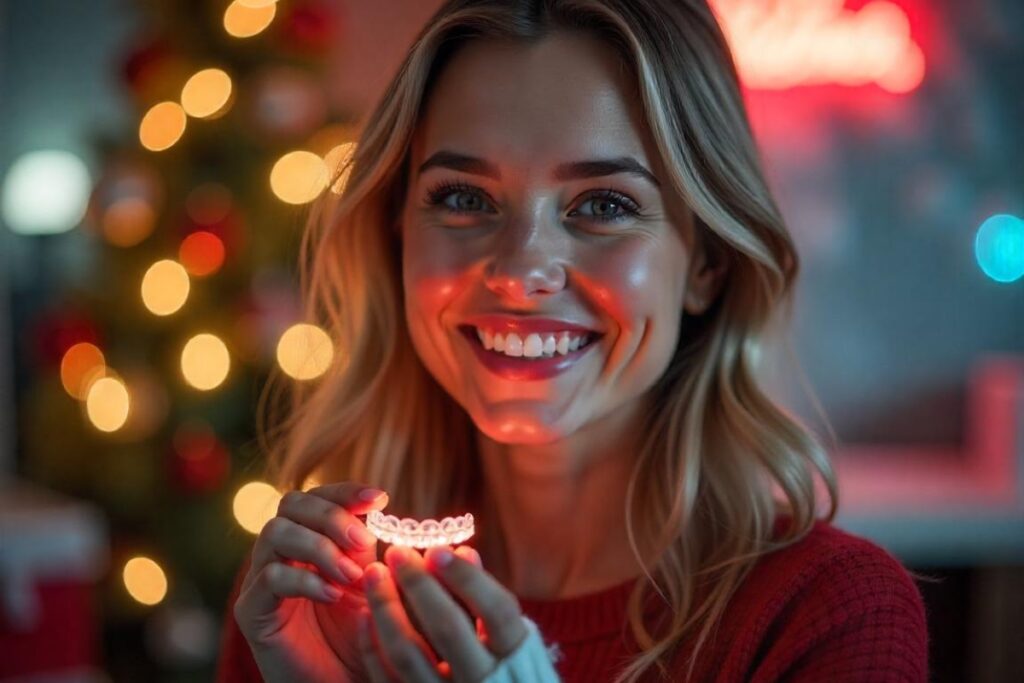 Smiling person wearing Invisalign aligners with Christmas decorations