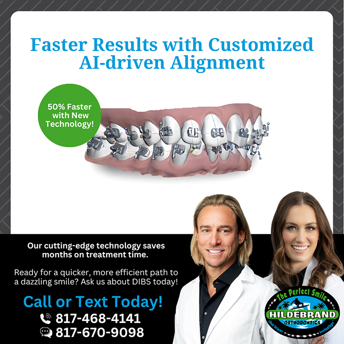 Orthodontists promoting faster teeth alignment with AI technology and contact information.